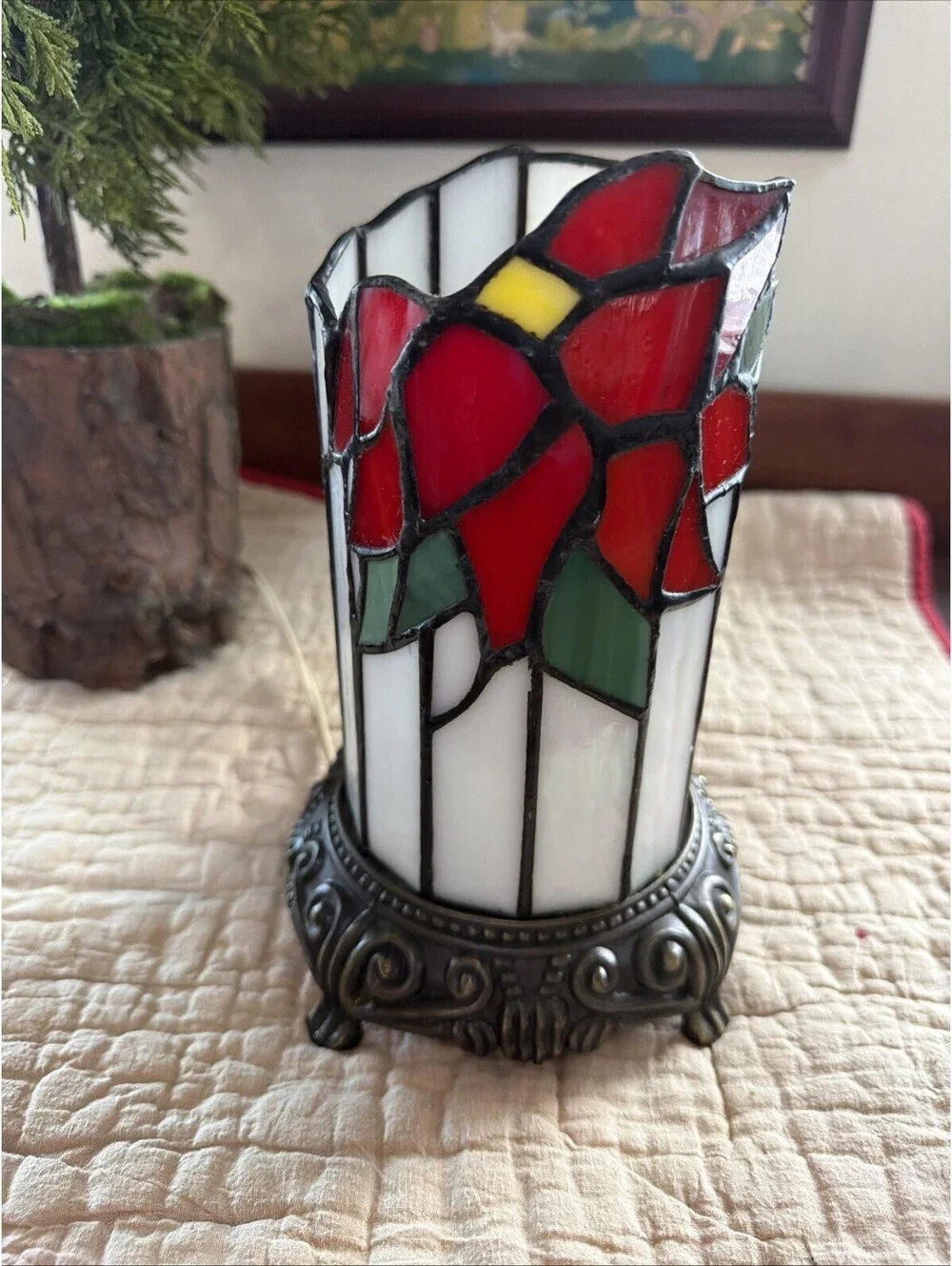 Stained Glass Table Lamp Tiffany Style Floral Cylindrical Desk Night Small VTG